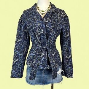 Vintage Y2K Corduroy Jacket Women's M Boho Paisley Multicolor Print Tie Waist